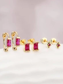 6 cái/bộ Bông tai trang trí bằng kim cương giả - Màu Hồng Tươi - Xem 3