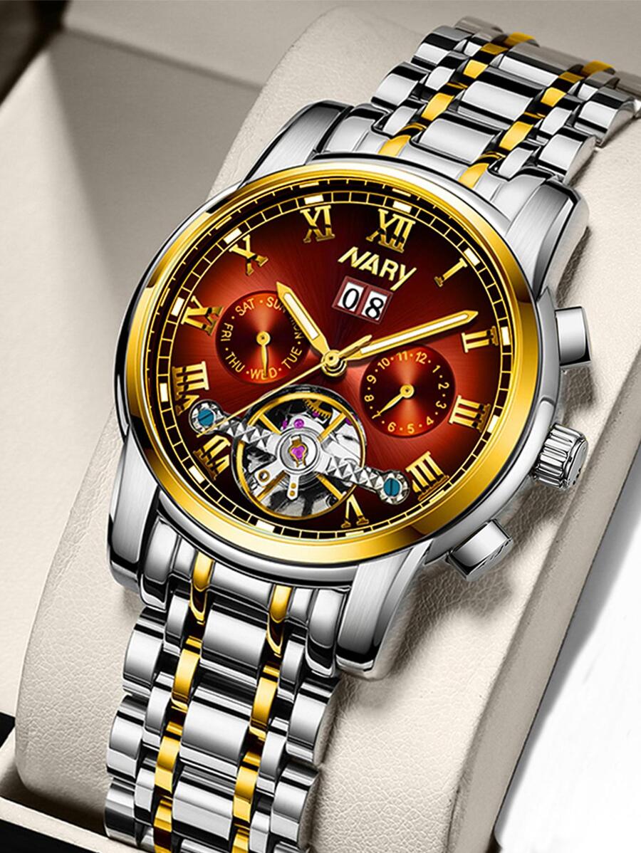 NARY Hombres Reloj mecánico de puntero redondo - Burdeos - Ver 1