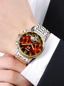 NARY Hombres Reloj mecánico de puntero redondo - Burdeos - Ver 2