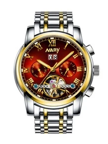 NARY Hombres Reloj mecánico de puntero redondo - Burdeos - Ver 3