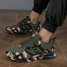 Giày thể thao nam Letter Patch Decor Phối ren họa tiết Camo, Giày chạy bộ bằng vải ngoài trời thể thao - xanh quân đội - Xem 5