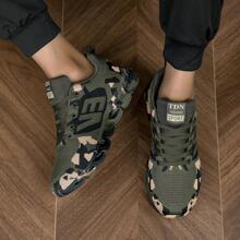 Giày thể thao nam Letter Patch Decor Phối ren họa tiết Camo, Giày chạy bộ bằng vải ngoài trời thể thao - xanh quân đội - Xem 2