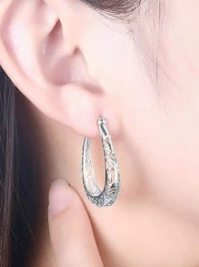 方晶鋯石裝飾純銀圓耳環 - 銀色 - 查看 2