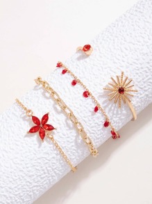 imoli Bộ 4 vòng tay hợp kim tối giản hình hoa hướng dương có tua rua dành cho nữ, quà tặng (Dây chuyền thủ công, chiều dài tùy chỉnh, số lượng tua rua khác nhau) - Đỏ - Xem 3