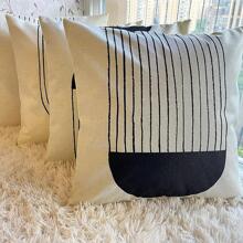 4入組幾何和條紋圖案現代亚麻裝飾抱枕套適用於家庭 - 黑與白 - 查看 2