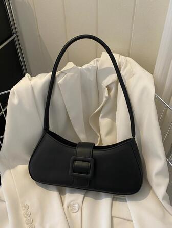 時尚皮帶扣手提包，夏季新款單肩包，簡約腋下包女式簡約長方形包，純色單肩包，時尚搭扣裝飾腋下皮夾