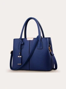 Yogodlns Túi tote đeo vai thời trang Litchi Dập nổi trang trí quyến rũ Tay cầm đôi PU - Màu xanh hải quân - Xem 1