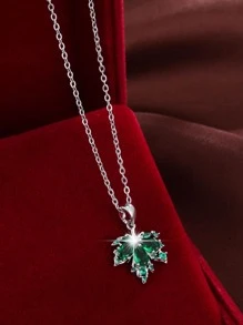 方晶鋯石楓葉吊墜項鍊 - 銀色 - 查看 1