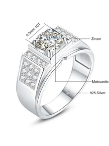 1pc Glamorous Sterling Silver Laboratory-Created Moissanite Decor Silver Ring For Men For Wedding Engagement Bridal Jewelry - White - View 6