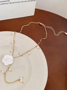 1PC Chic Pearl Accented Rose Pendant Necklace - Perfect For Special Occasions And Everyday Wear - White - View 3