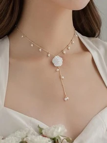1PC Chic Pearl Accented Rose Pendant Necklace - Perfect For Special Occasions And Everyday Wear - White - View 2
