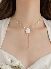 1PC Chic Pearl Accented Rose Pendant Necklace - Perfect For Special Occasions And Everyday Wear - White - View 1