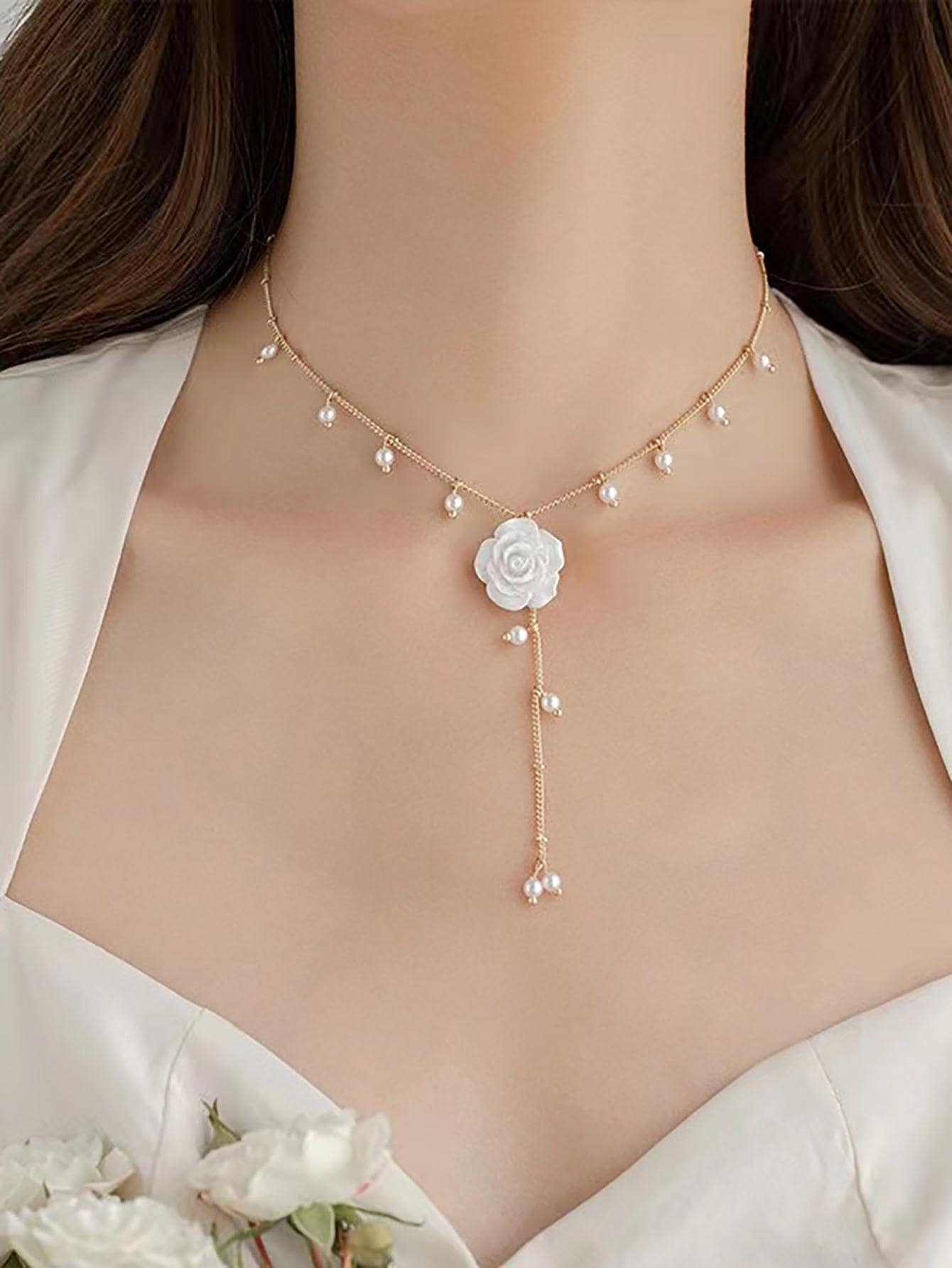 1PC Chic Pearl Accented Rose Pendant Necklace - Perfect For Special Occasions And Everyday Wear - White - View 1