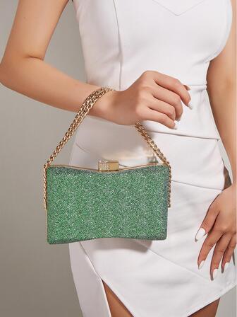 迷你閃閃發光雙粗鏈條女士晚上手拿包,完美新娘錢包適合婚禮,舞會和派對活動