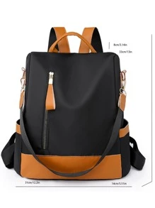 防水、防盗拼色拉链前背包 适合女性、新秀和白领人士，时尚实用 黑棕色拼色后袋，防盗功能，可容纳手机平板电脑 Ipad 适合旅行、旅游、郊游、户外 大学生、年轻人、女孩、老人 - 黑色 - 查看 8