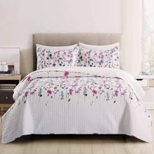 Summer Lightweight Thin Floral Quilts ,Purple Blue Lilac Flowers Green Leaves Botanical Bedspread Coverlet Set,Breathable Bed Cover with King Pillow Shams,Random Patterns - 紫白色 - 查看 1