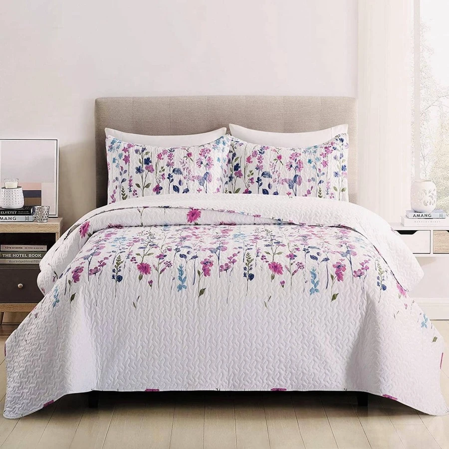 Summer Lightweight Thin Floral Quilts ,Purple Blue Lilac Flowers Green Leaves Botanical Bedspread Coverlet Set,Breathable Bed Cover with King Pillow Shams,Random Patterns - 紫白色 - 查看 1