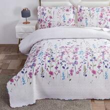 Summer Lightweight Thin Floral Quilts ,Purple Blue Lilac Flowers Green Leaves Botanical Bedspread Coverlet Set,Breathable Bed Cover with King Pillow Shams,Random Patterns - 紫白色 - 查看 2
