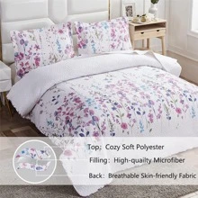 Summer Lightweight Thin Floral Quilts ,Purple Blue Lilac Flowers Green Leaves Botanical Bedspread Coverlet Set,Breathable Bed Cover with King Pillow Shams,Random Patterns - 紫白色 - 查看 3