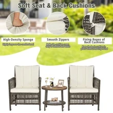 Costway Patiojoy 3PCS Patio Rattan Furniture Set Cushioned Sofas Wood Table Top W/Shelf - White - View 6