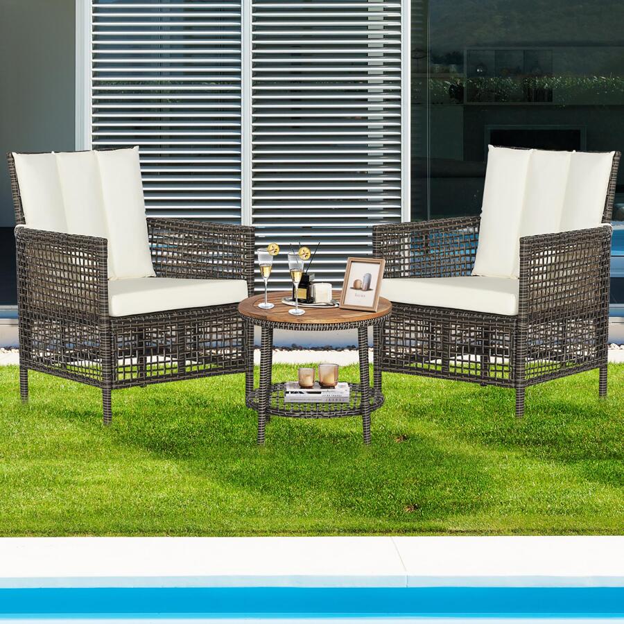 Costway Patiojoy 3PCS Patio Rattan Furniture Set Cushioned Sofas Wood Table Top W/Shelf - White - View 1