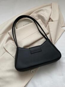 Metal Decor Baguette Bag Solid Colour Fashionable - Black - View 4