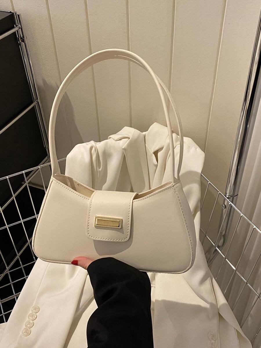 Metal Decor Baguette Bag Solid Colour Fashionable - White - View 1