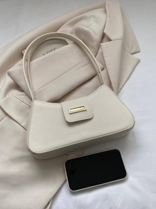 Metal Decor Baguette Bag Solid Colour Fashionable - White - View 3