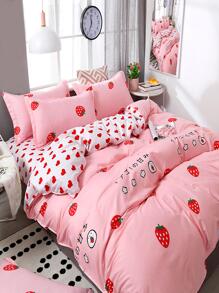 3pcs/set Strawberry & Heart Pattern Duvet Cover Set (1pc Duvet Cover & 2pcs Pillowcase), Modern Fabric Bedding Set For All Season - Multicolor - View 2