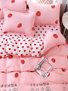 3pcs/set Strawberry & Heart Pattern Duvet Cover Set (1pc Duvet Cover & 2pcs Pillowcase), Modern Fabric Bedding Set For All Season - Multicolor - View 4