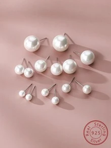 1雙時尚純銀5-14mm貝殼珠子耳釘經典可愛風格設計適合女士首飾類禮物 - 銀色 - 查看 2