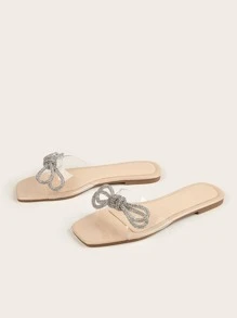 New Women's Elegant Rhinestone Bowknot Sandals, Sweet Style Leisure Holiday Flat Slippers