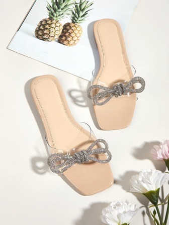 新款女士優雅鑲鑽蝴蝶結涼鞋，甜美風格休閒假日平底拖鞋