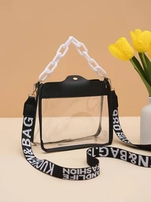 迷你透明撞色鑲邊方形包鏈帶時尚，體育場認證12X12X6透明透明錢包袋適用於音樂會體育賽事節日 - 黑色 - 查看 2