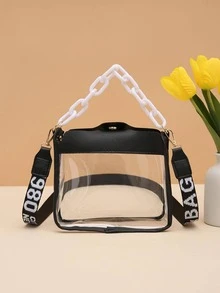 迷你透明撞色鑲邊方形包鏈帶時尚，體育場認證12X12X6透明透明錢包袋適用於音樂會體育賽事節日 - 黑色 - 查看 3