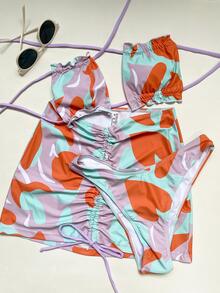 滿版印花褶邊抽繩比基尼泳裝附沙灘裙 - 彩色 - 查看 6