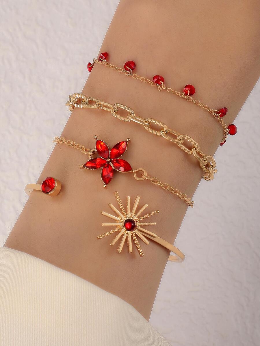 imoli Bộ 4 vòng tay hợp kim tối giản hình hoa hướng dương có tua rua dành cho nữ, quà tặng (Dây chuyền thủ công, chiều dài tùy chỉnh, số lượng tua rua khác nhau)