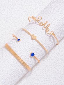 4pcs/set Rhinestone & Heart Decor Cuff Bangle - Blue - View 2