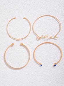 4pcs/set Rhinestone & Heart Decor Cuff Bangle - Blue - View 3