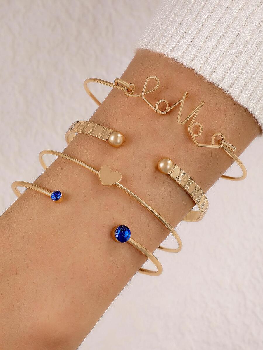 4pcs/set Rhinestone & Heart Decor Cuff Bangle - Blue - View 1