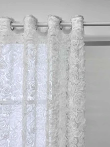 1pc French White 3D Rose Sheer Curtain Grommet Top - White - View 8