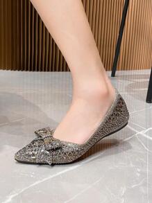 Giày cao gót mũi nhọn phong cách Pháp dành cho nữ, hàng mới 2024, giày bệt đính đá lấp lánh, giày lười sang trọng cỡ lớn 41-43 - Xám - Xem 6