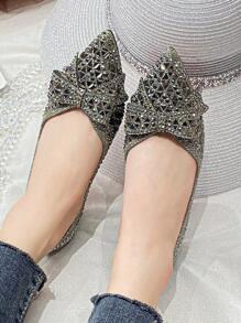 Giày cao gót mũi nhọn phong cách Pháp dành cho nữ, hàng mới 2024, giày bệt đính đá lấp lánh, giày lười sang trọng cỡ lớn 41-43 - Xám - Xem 3