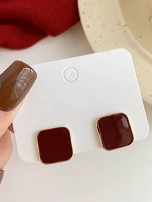 1 Pair Minimalist Fashionable Vintage Luxury Red Geometric Square Stud Earrings - Yellow Gold - View 4