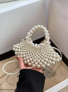 Túi đeo tay mới lạ đính hạt ngọc trai giả Thời trang Tay cầm đôi - trắng - Xem 1