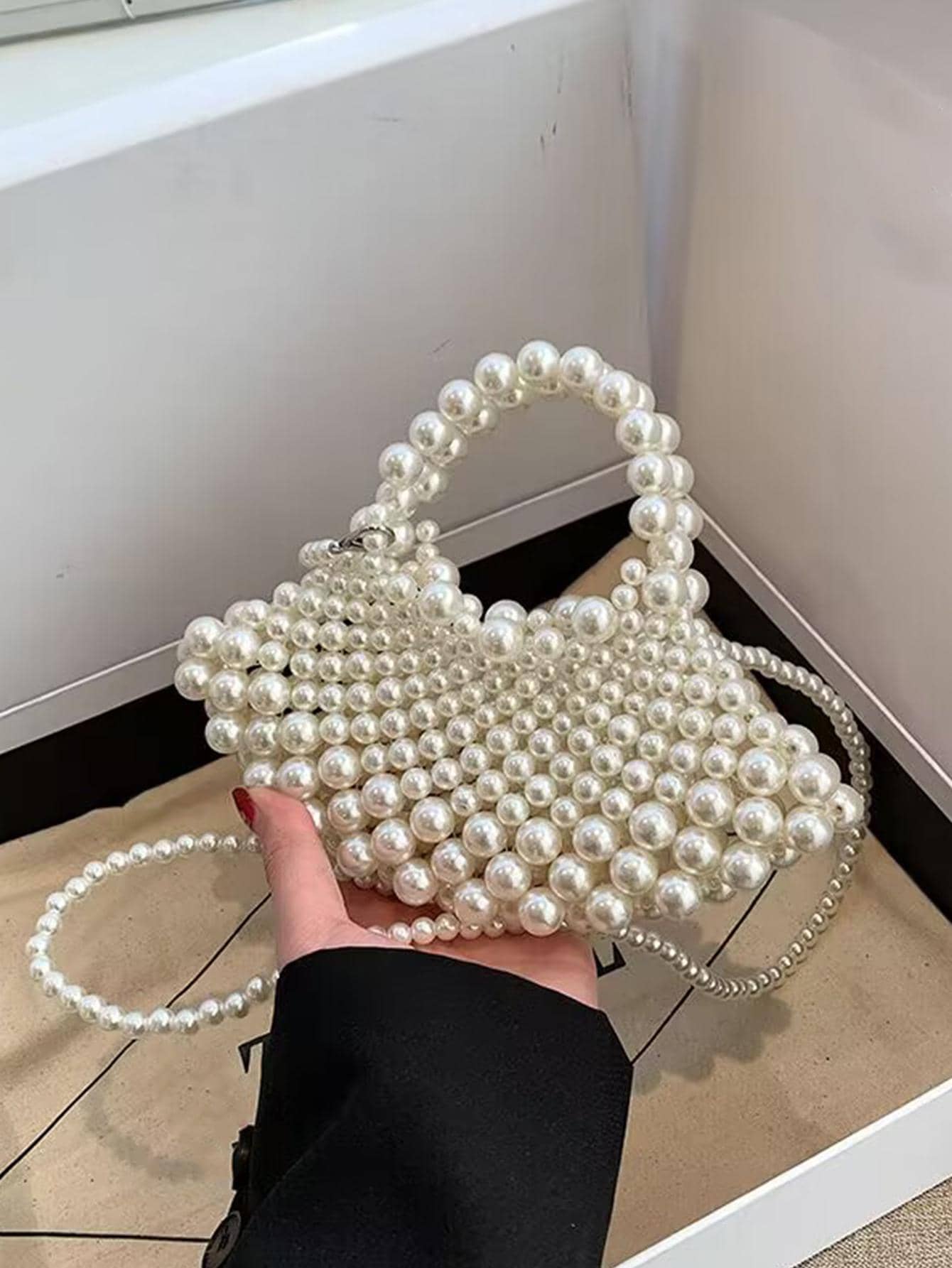 Túi đeo tay mới lạ đính hạt ngọc trai giả Thời trang Tay cầm đôi - trắng - Xem 1