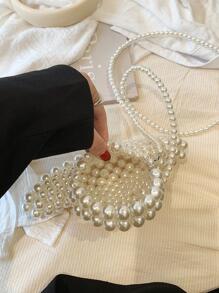 Túi đeo tay mới lạ đính hạt ngọc trai giả Thời trang Tay cầm đôi - trắng - Xem 3