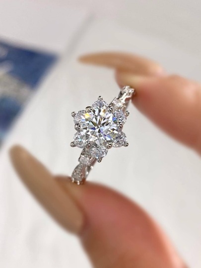 Newsoul 1pc Elegant Luxury Real 1CT Moissanite Rhinestone Sunflower Rings For Women 925 Sterling Silver Engagement Wedding Eternal Promise Ring Fine Jewelry Anniversary Gift Bridal Jewelry Valentines