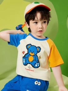 小男童卡通圖案插肩袖T恤