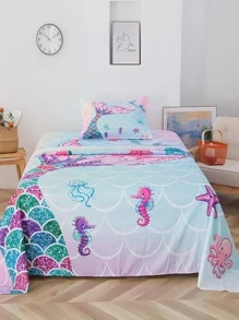 3 Cái/bộ Bộ Ga Gối Họa Tiết Đuôi Cá & Cá Ngựa, Bộ Ga Giường Vải Ngộ Nghĩnh Cho Gia Đình - Nhiều màu - Xem 2